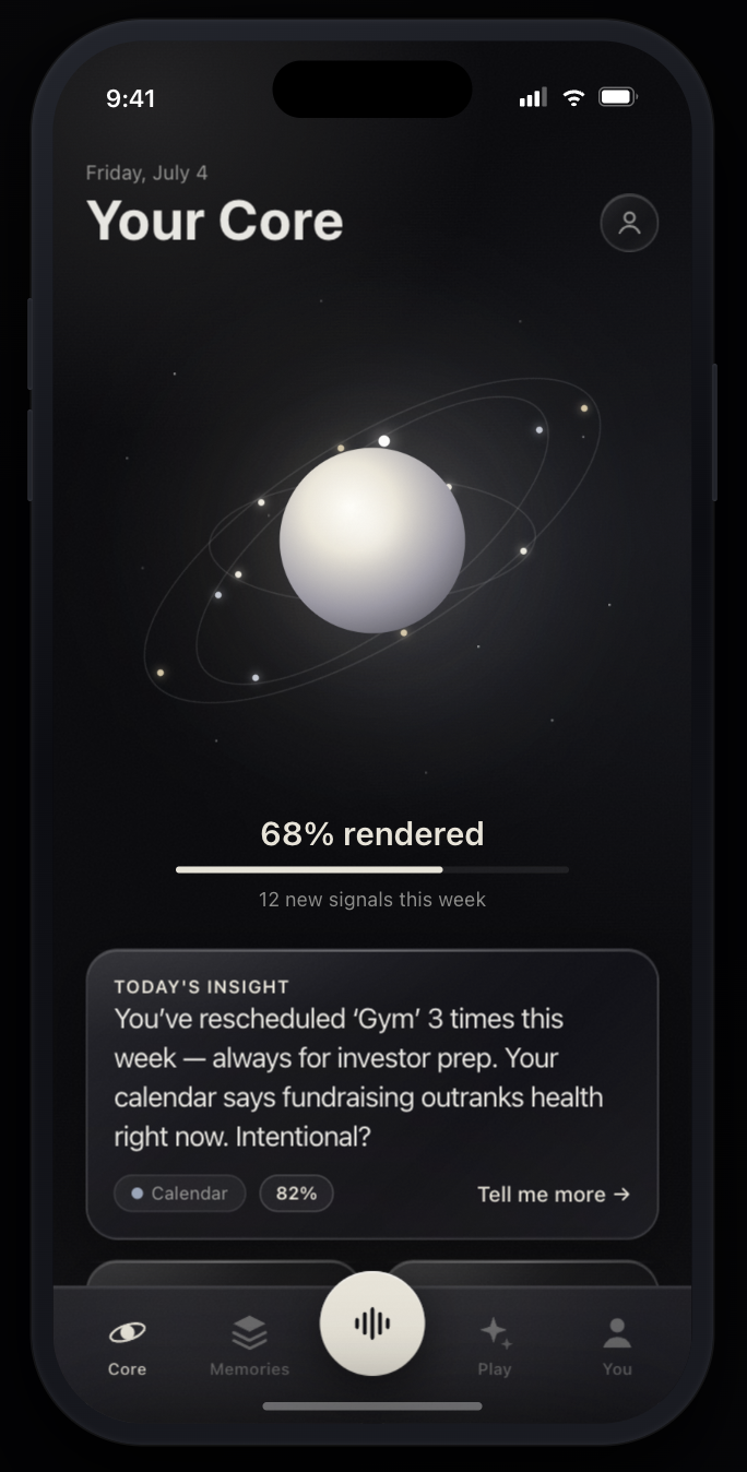 Personia — Your Core screen showing the Digital DNA orb at 68% rendered